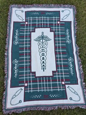 Vintage Medical Caduceus Fringe Woven Throw Blanket 63x43